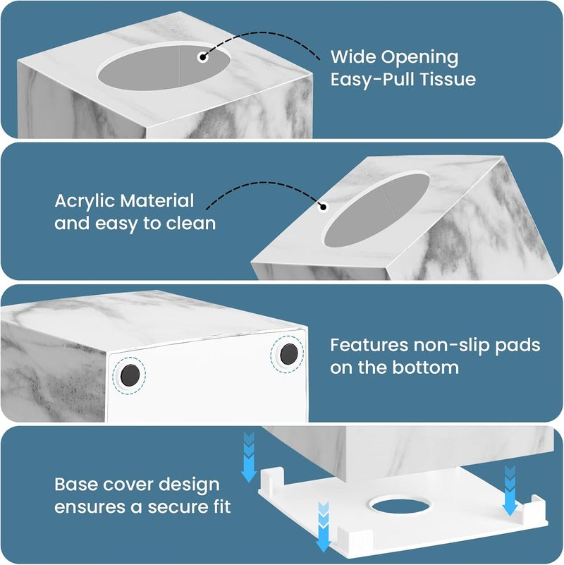 Chintu 2 Pack Marble Tissue Box Cover, Square Acrylic Tissue Holder, Decorative Facial Tissue Box Vessel Cube Paper Organizer Dispenser for Bathroom Office, Night Stand, Desk, Car, Vanity, Countertops - Image 2